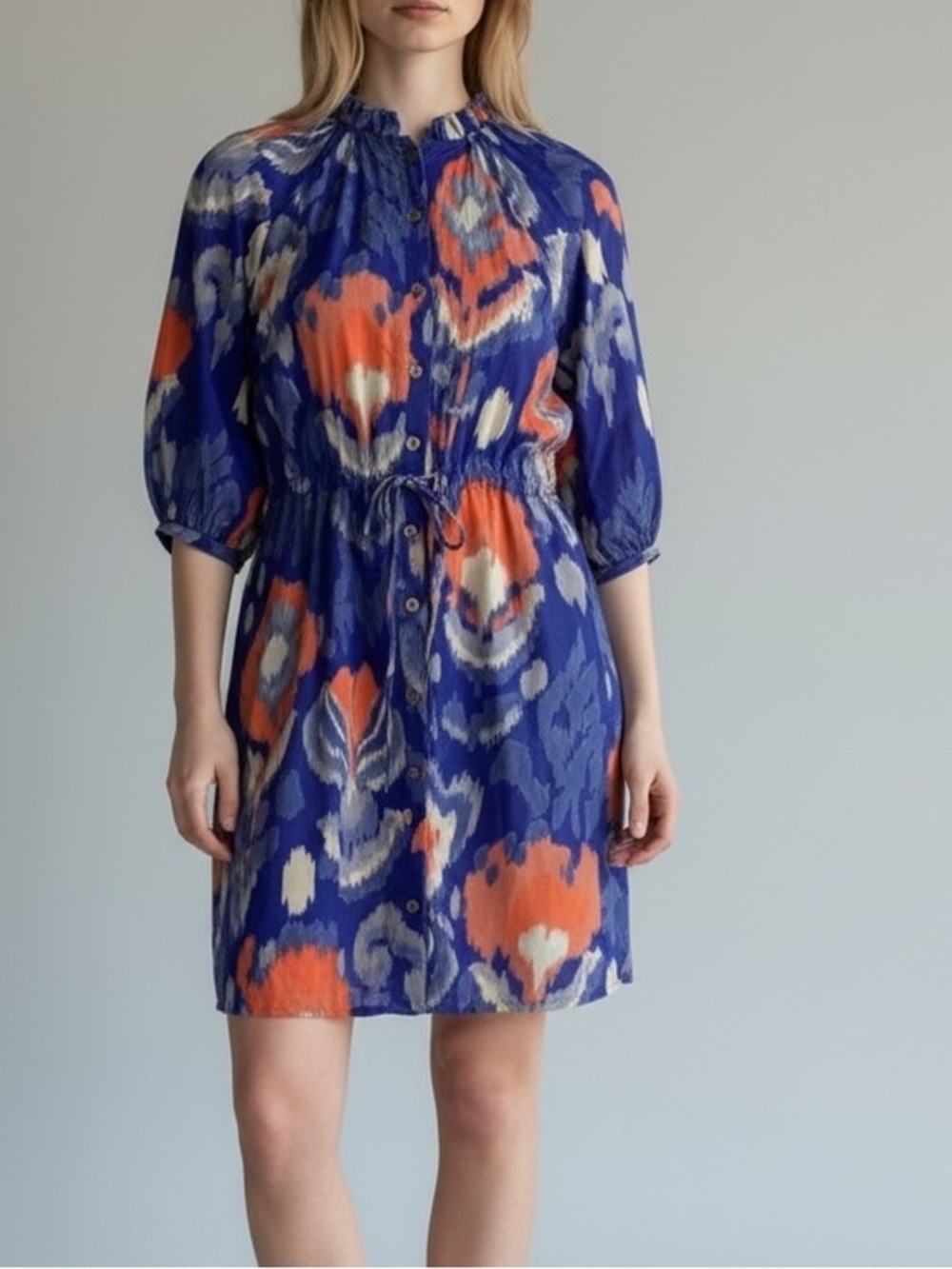 Blue & Orange Abstract Print Button-Front Dress Pockets